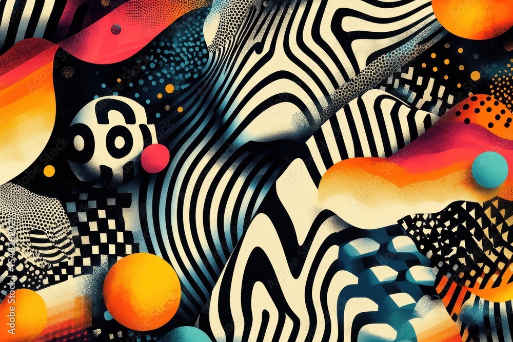 Poster dynamic and colorful abstract patterns illustration featuring offset designs with various shapes and