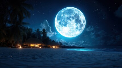 Fototapeta premium A captivating beach scene illuminated by a bright moon, providing a magical atmosphere beneath the starry sky, inviting tranquility and peaceful reflection by the shore.