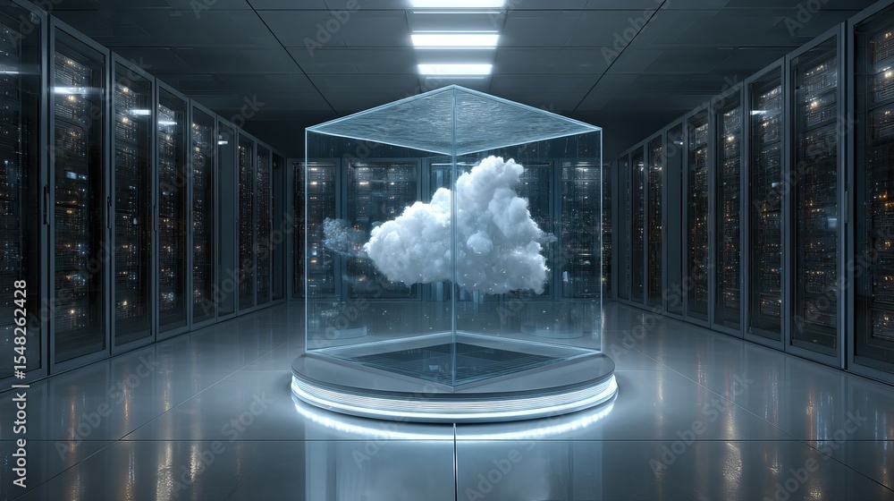 Poster cloud computing data center server room digital technology innovation futuristic network storage inf