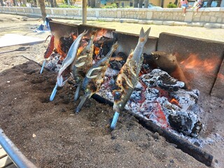 Traditional beachside fish grilling in coastal summer setting. Espeto is a typical Andalusian dish...
