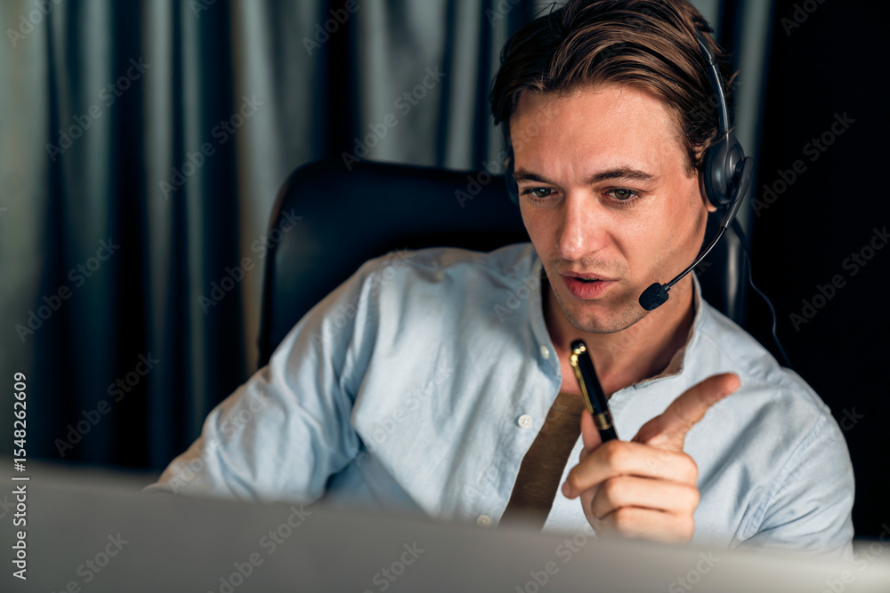 Poster call center consulting with customers on headphones on monitor in business paragraph with typing on 