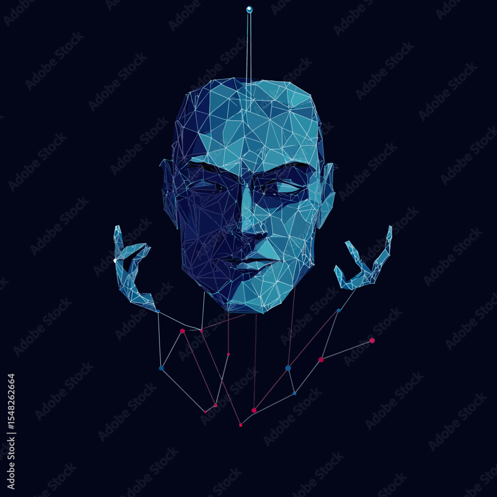 Aufkleber 3d low poly polygonal human head and hands connected network dots with dark background digital conce