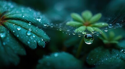 Close-up of raindrops on green leaves and spider web in the early morning at a garden in Spring