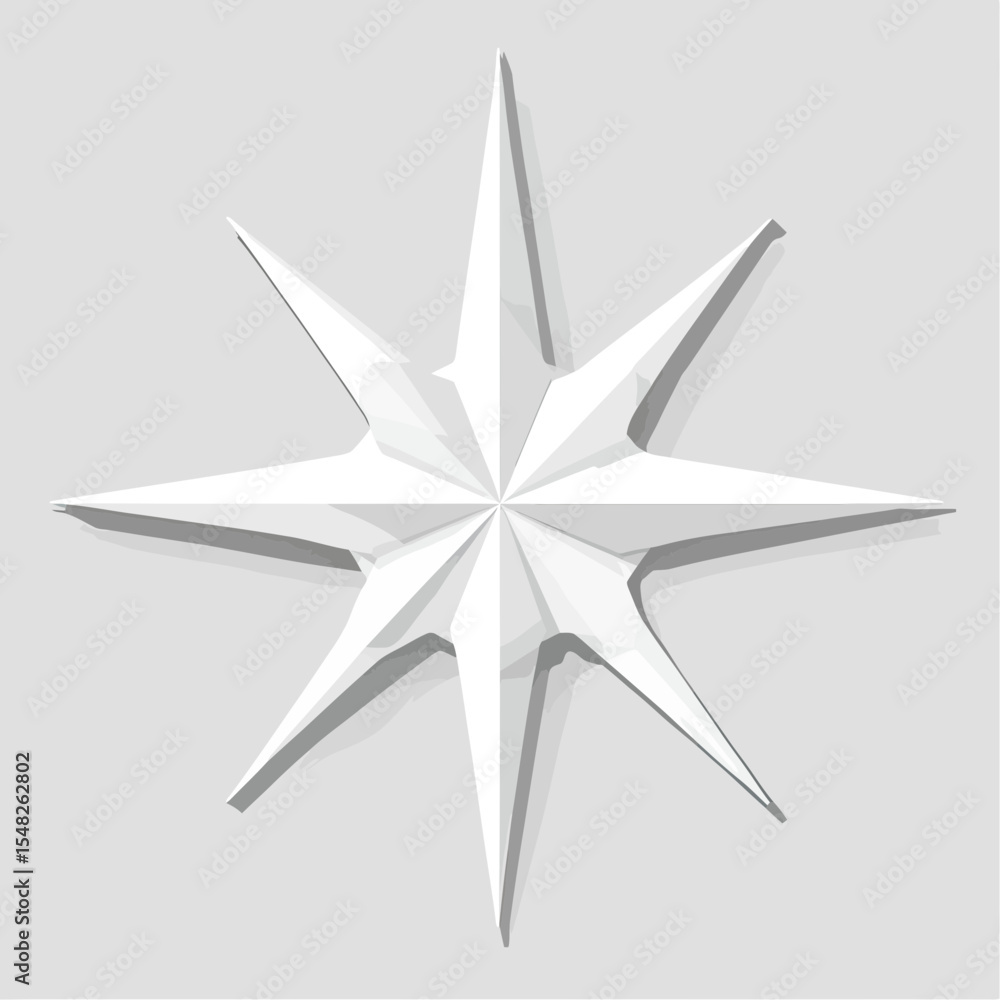 Poster white low poly 3d eight-point star shape with sharp triangular facets and polygonal geometry on ligh