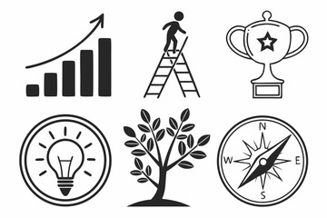 Graph ladder trophy lightbulb tree and compass icons on white