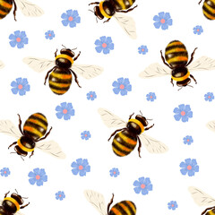 Seamless watercolor pattern with bumblebees and blue flowers. Hand-painted in a delicate, soft style, ideal for spring and summer designs, fabric, and stationery