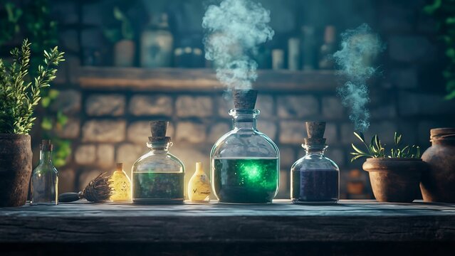 Various glass vials, bottles and potion jars are lined up in magical alchemy scene. Smoke and magic energy glow from the vintage objects