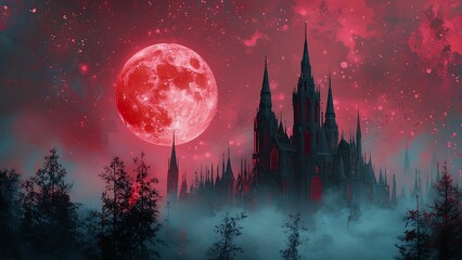 Fototapeta premium A dark castle silhouetted against a crimson red moon and starry night sky, shrouded in mist. 