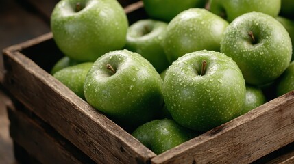 A collection of fresh, dewy green apples arranged neatly in a rustic wooden crate, showcasing healthy eating and fresh produce themes, ideal for culinary presentations.