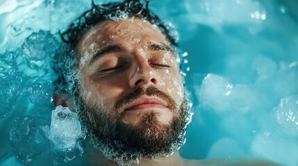 A serene portrait of a man submerged in water, creating a peaceful atmosphere with bubbles and soft light, perfect for relaxing and rejuvenating themes.