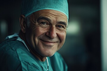 Smiling male doctor in surgical scrubs conveys warmth and professionalism in a healthcare setting during the day
