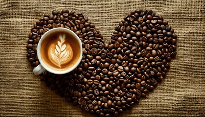 A cup of coffee and coffee beans in the shape of a heart on burlap