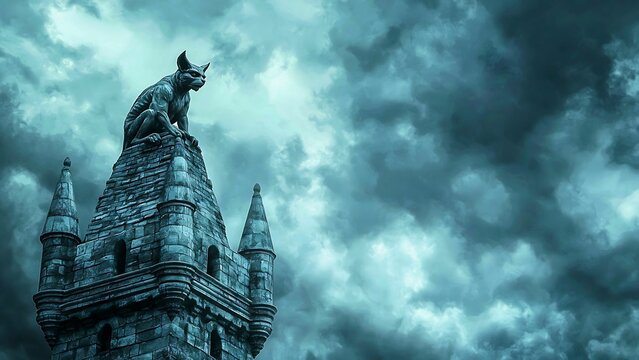 A stone gargoyle perched atop a gothic tower under a dramatic, stormy sky. The statue is intricately carved, and the overall scene evokes a sense of mystery and history
