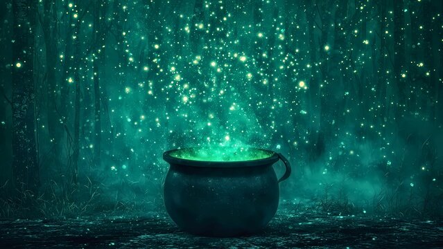 Mystical cauldron brewing a potent potion with a vibrant green glow, creating an enchanting atmosphere