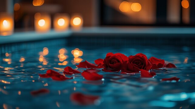 Red roses and petals on water, candlelight