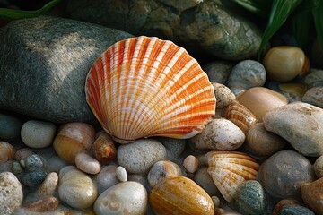 Vibrant sea shells and stones on a serene tropical beach surrounded by lush greenery and clear waters during the daytime