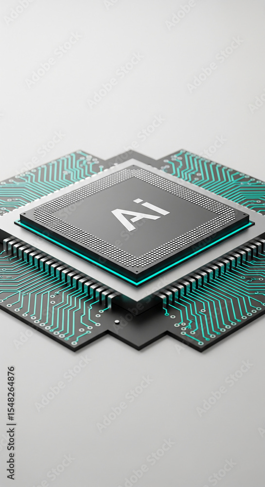 Poster close-up of ai processor chip on circuit board, showcasing technological advancement and artificial 