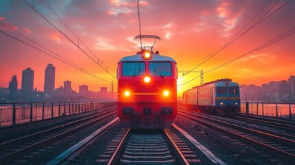 Red train on tracks at vibrant sunset over city
