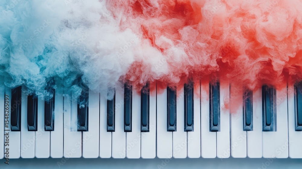 Poster this image showcases a unique blend of colored smoke hovering over piano keys, creating an artistic 