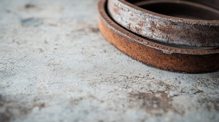 Fototapeta premium A detailed close-up image showcasing rusty metal rings on a concrete surface, emphasizing themes of decay, time, and the beauty found in imperfection.