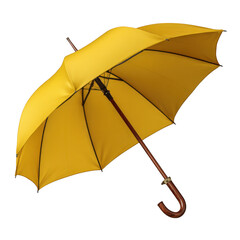 Yellow umbrella with wooden handle isolated on transparent background