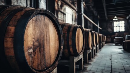 An inviting image of wooden barrels lined up in a rustic storage room, capturing the essence of craftsmanship and tradition in beverage production.