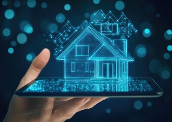 Hand holding a tablet displaying a digital house model