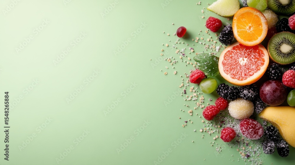 Poster a vibrant display of assorted fresh fruits, representing health and vitality while showcasing a colo