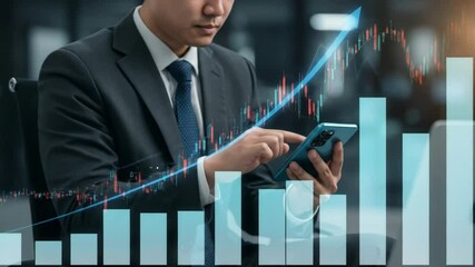 Businessman Analyzing Stock Market Growth on Smartphone - A businessman in a suit sits and uses his smartphone to analyze stock market data. - Powered by Adobe