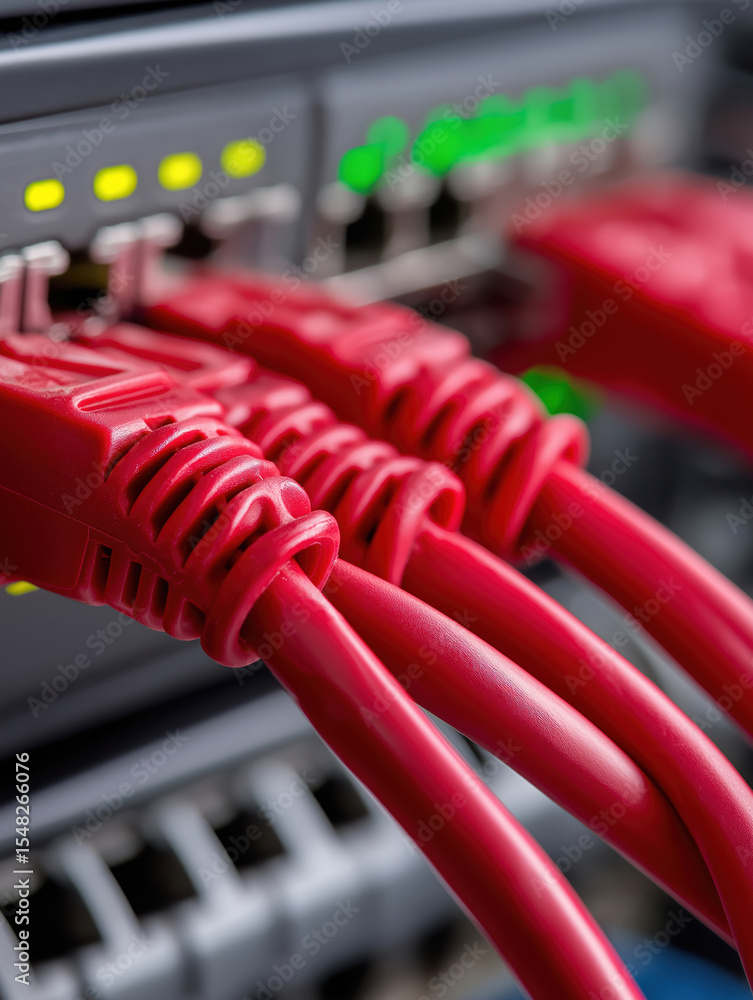 Aufkleber red ethernet cables connected to a network switch in a modern server room