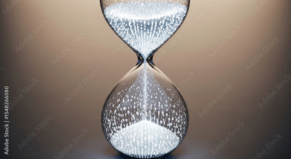 Poster glass hourglass filled with binary code, flowing through time, symbolizing digital data flow and tim