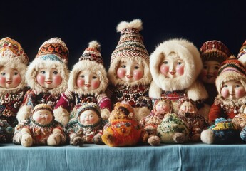 Fototapeta premium A Colorful Collection of Traditional Dolls Adorned with Intricate Patterns, Showcasing Cultural Heritage and Craftsmanship in an Artistic Display