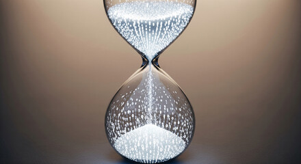 Glass hourglass filled with binary code, flowing through time, symbolizing digital data flow and time management, perfect for technology or business concepts