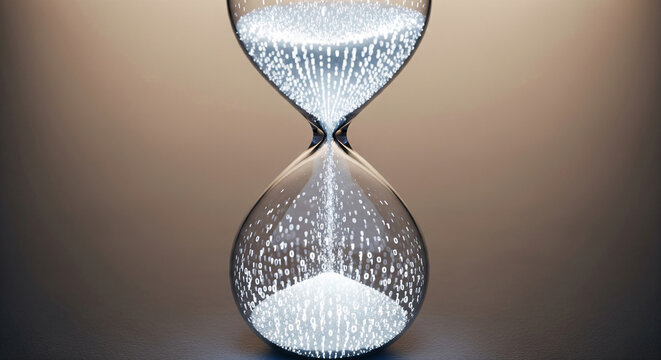 Glass hourglass filled with binary code, flowing through time, symbolizing digital data flow and time management, perfect for technology or business concepts