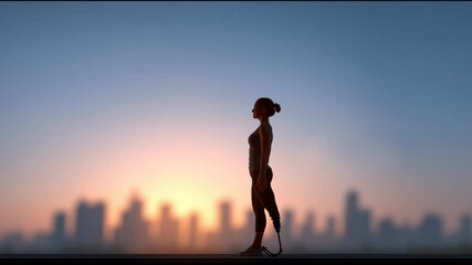 A young athletic woman with a prosthetic leg practices yoga in a park at sunset, performing the warrior pose with grace and determination, surrounded by lush greenery - Powered by Adobe