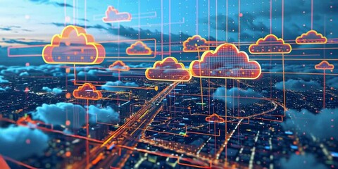 cloud technology and smart city, in the style of digital mixed media, selective focus, detailed background elements, high resolution, fragmented icons, aerial view, transportcore Generative AI - Powered by Adobe