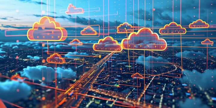 cloud technology and smart city, in the style of digital mixed media, selective focus, detailed background elements, high resolution, fragmented icons, aerial view, transportcore Generative AI