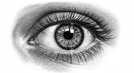 Detailed Monochromatic Eye Drawing: Anatomy, Iris, Pupil, Eyelashes, Vision, Ophthalmic Illustration
