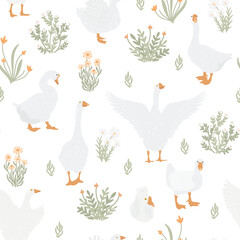 Geese on the meadow, aesthetic cottage core seamless pattern