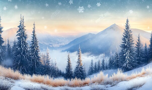 Winter landscape with frosty trees and a mountain view suitable for a copy space. Beautiful winter landscape with snow-covered trees. Merry Christmas and Happy New Year greeting background. - Powered by Adobe