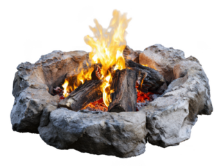 Majestic Stone Fire Pit with Burning Wood and Vivid Flames