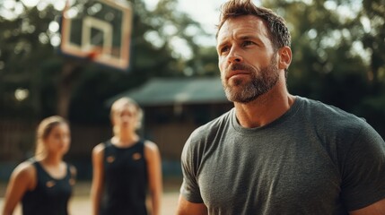 A dedicated basketball coach stands tall, surrounded by young athletes, embodying leadership and inspiration on an outdoor court under natural lighting.