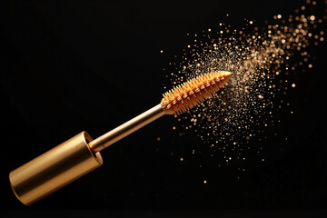 A close-up of a luxurious gold mascara brush with perfectly contoured bristles suspended in mid-air against a sleek black background.