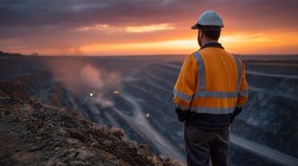 Mine Worker Surveys Vast Open-Pit at Dusk in High Visibility Gear hard work industrial power resource extraction human resilience in challenging environments