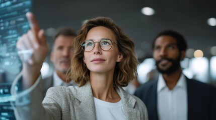 Confident Businesswoman Analyzes Data on a Holographic Display with Colleagues in a Bright Modern Office Reflecting Technology and Strategic Innovation