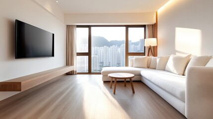 A stylish living room designed with large windows that provide a stunning view of the city skyline and allow natural light to flood the space, enhancing the modern aesthetic.