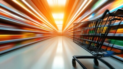 A shopping cart zooms through a supermarket aisle in a stunning abstract motion blur, representing the fast-paced nature of modern shopping experiences and consumerism.