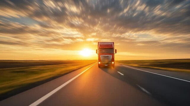 Red Semi-Truck Driving on Highway at Sunset - A red semi-truck drives down a highway at sunset. The sky is filled with vibrant orange and yellow colors, and the motion blur suggests speed.
