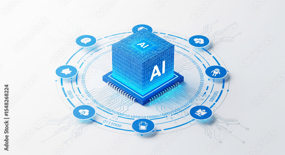 Poster blue ai cube on microchip, surrounded by digital icons and binary code, showcasing artificial intell