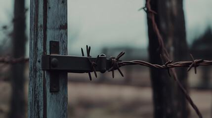 A weathered wooden post and rusty barbed wire create a stark barrier. Rural scene with a fence detail against a blurred background. Focus on texture & decay.